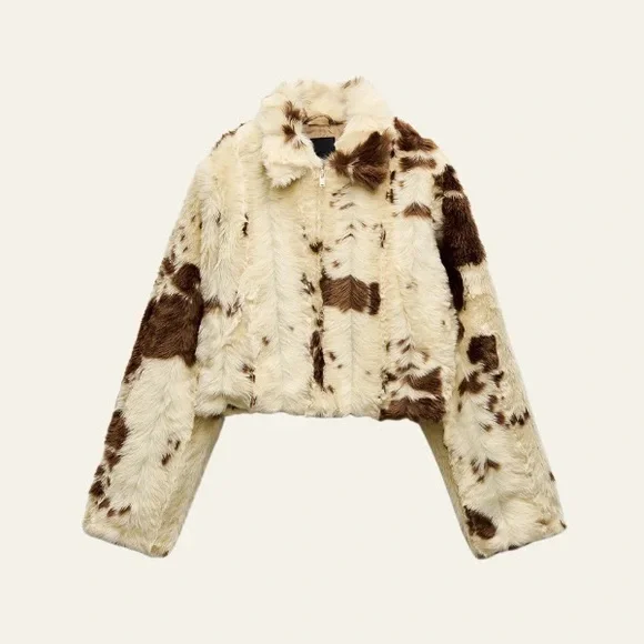 Zara Cream and Brown Cropped Faux Fur Jacket - Picture 1 of 4